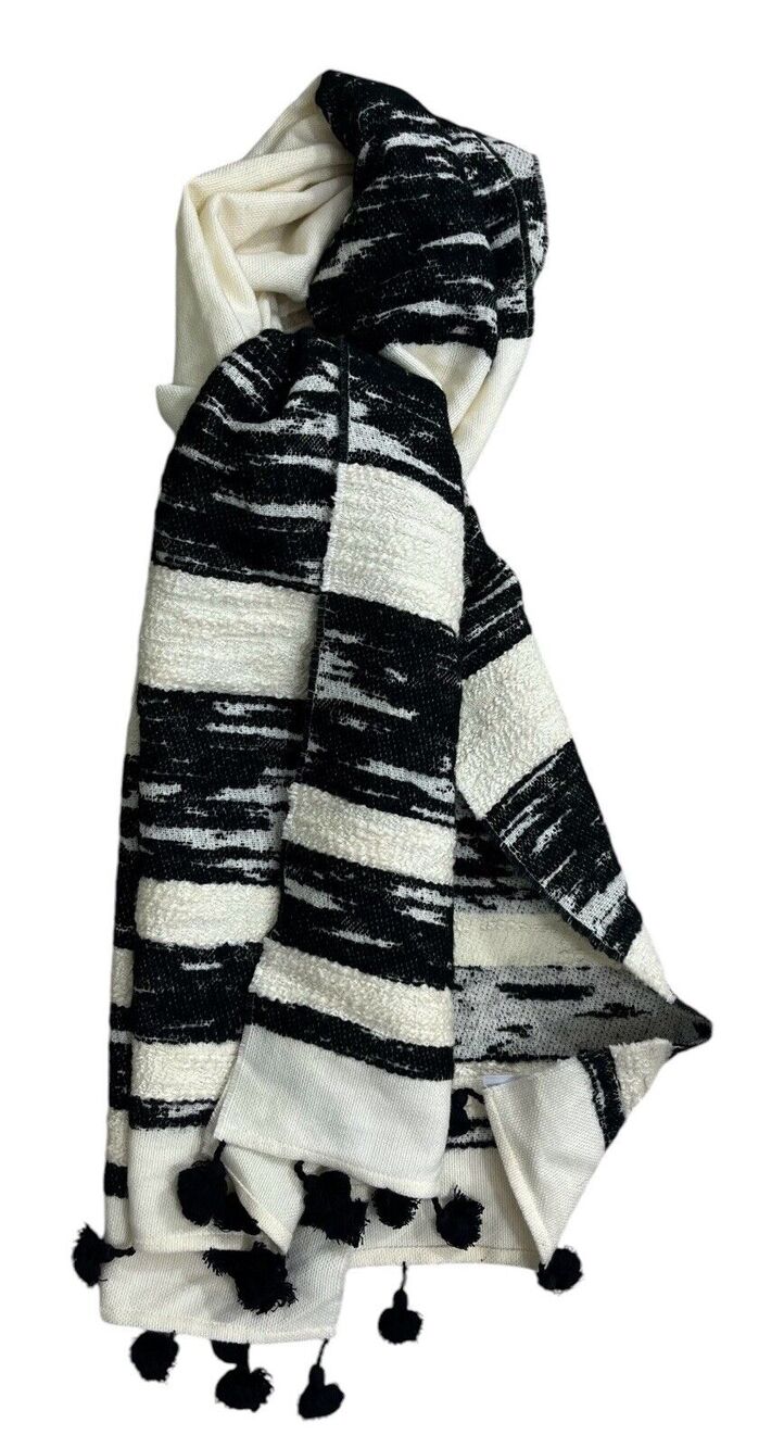 J. Crew Scarf Black Cream Tassels Wrap White Rectangle